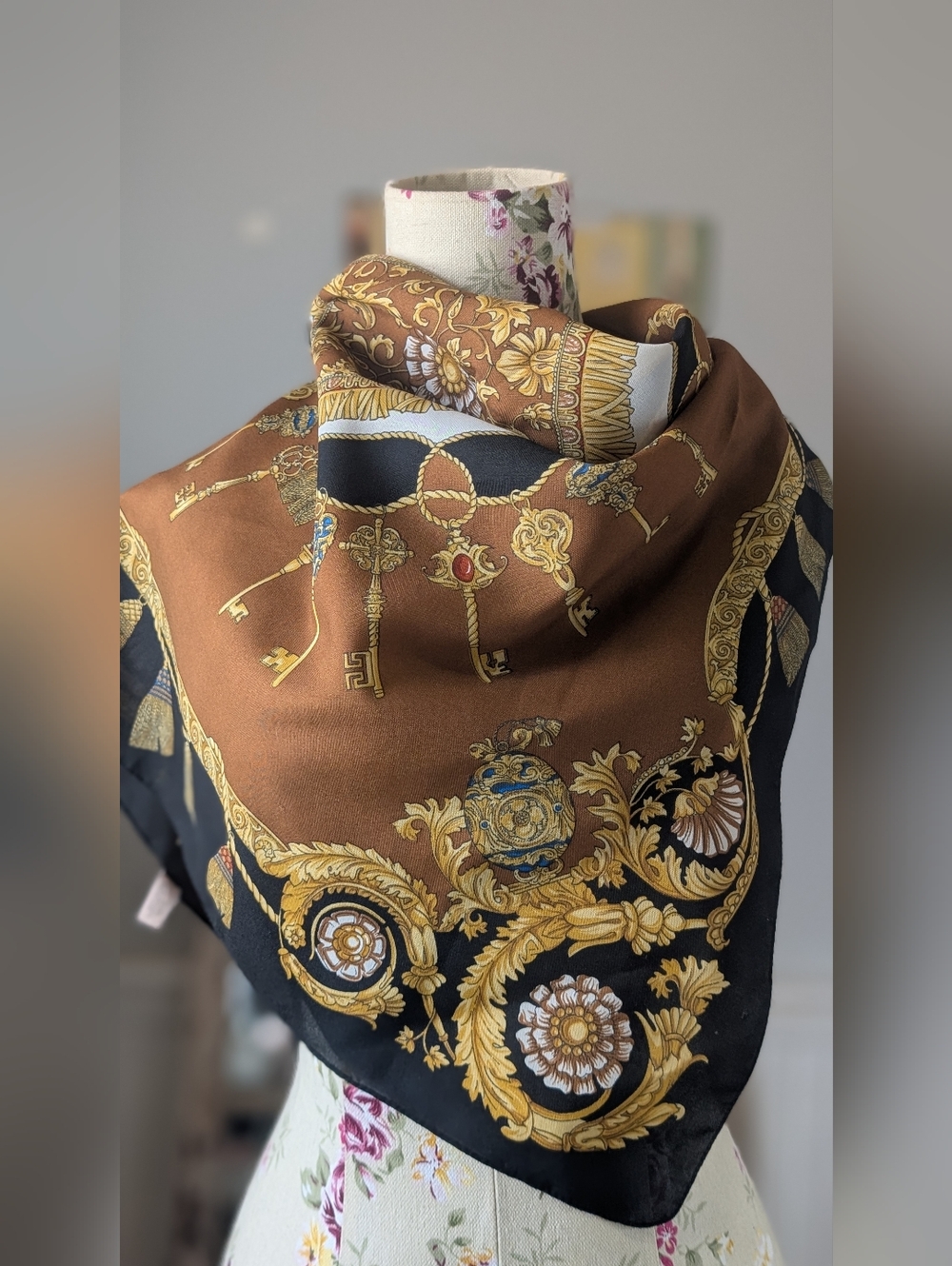 Castellani Vintage Elegant Black and Brown Baroque Print Silk Scarf - Picture 4 of 8
